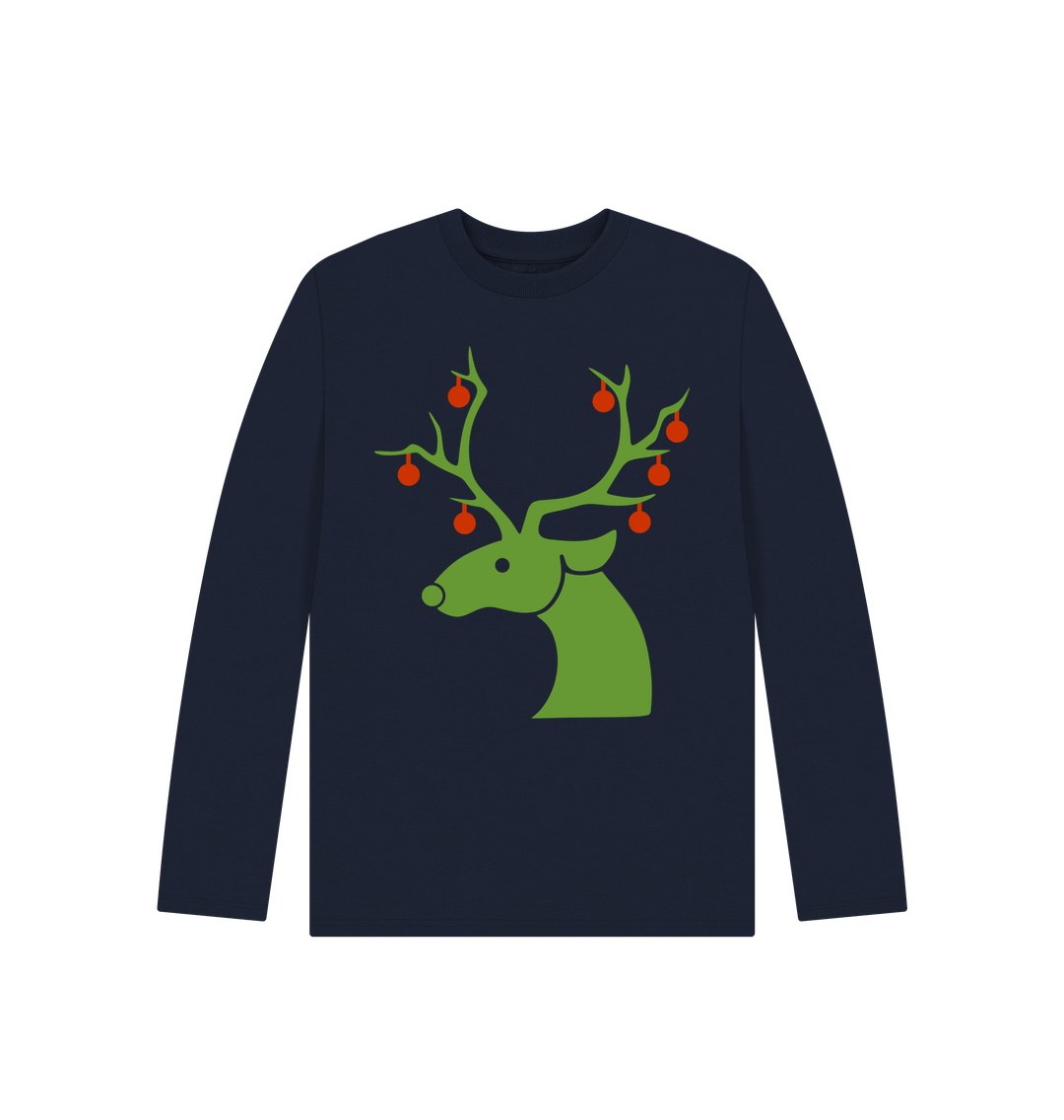 Navy Blue Christmas Baubles Reindeer Long Sleeves Tee