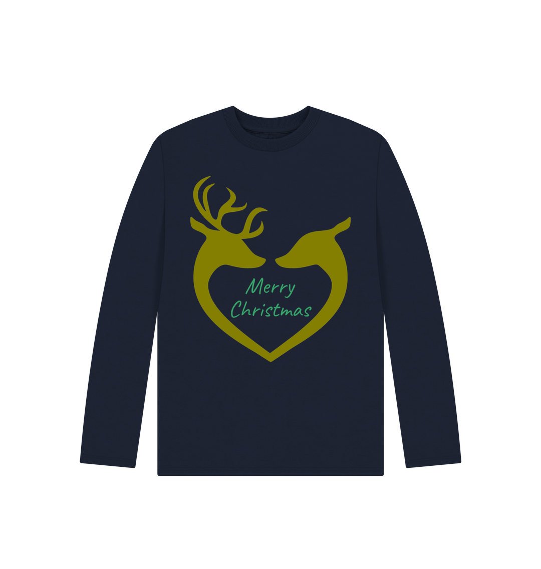 Navy Blue Reindeer Heart Merry Christmas Long Sleeve Top