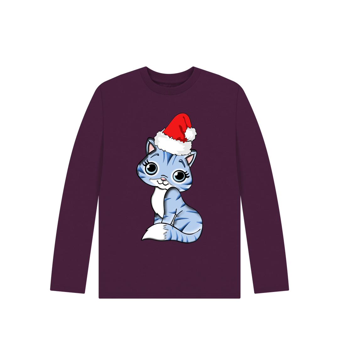 Purple Cute Christmas Cat Long Sleeve Tee