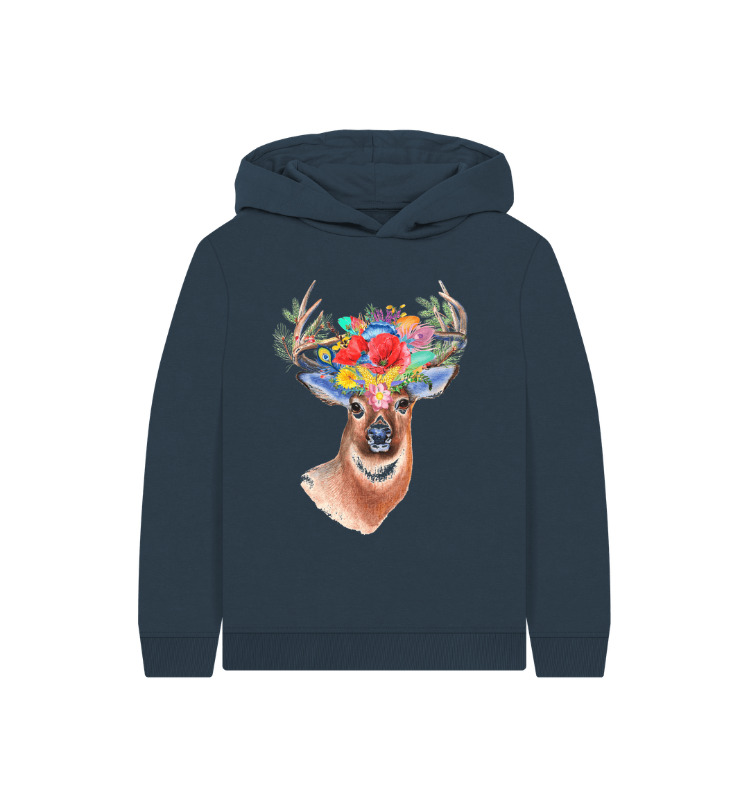 Navy Blue Stag And Flowers Hoodie