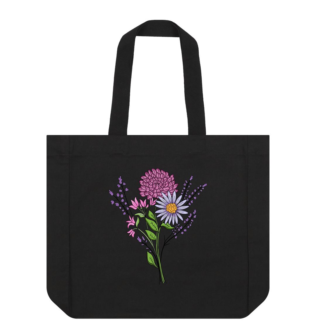 Black Purple Flowers Shopper Tote