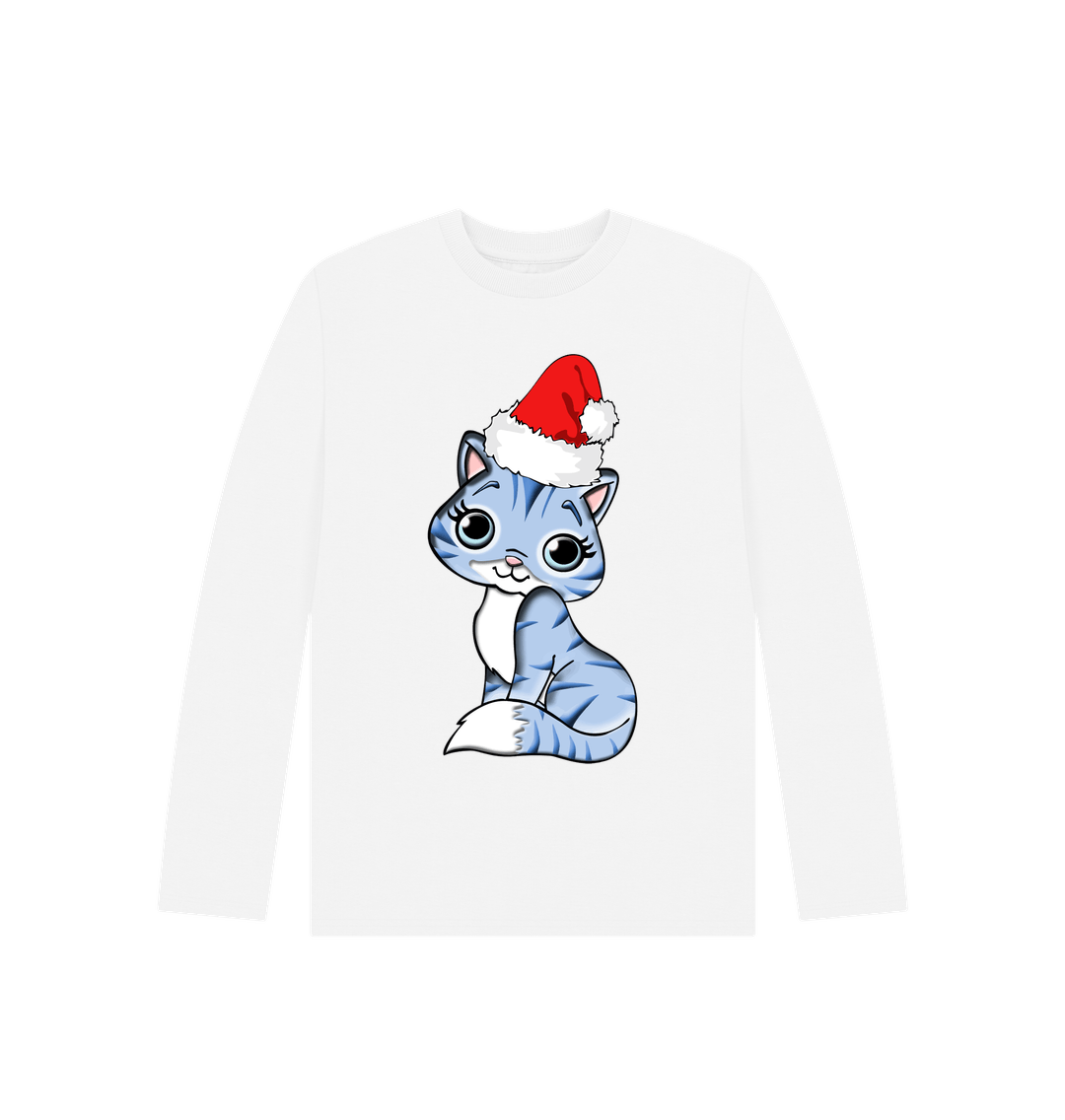 White Cute Christmas Cat Long Sleeve Tee