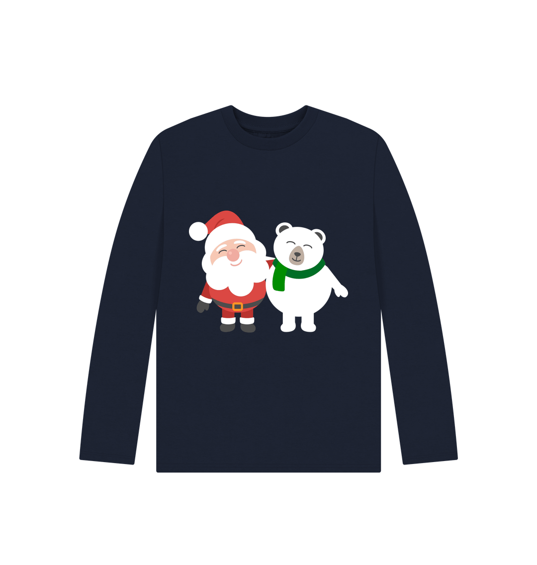 Navy Blue Santa And Polar Bear Long Sleeves Tee