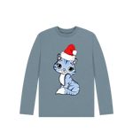 Stone Blue Cute Christmas Cat Long Sleeve Tee