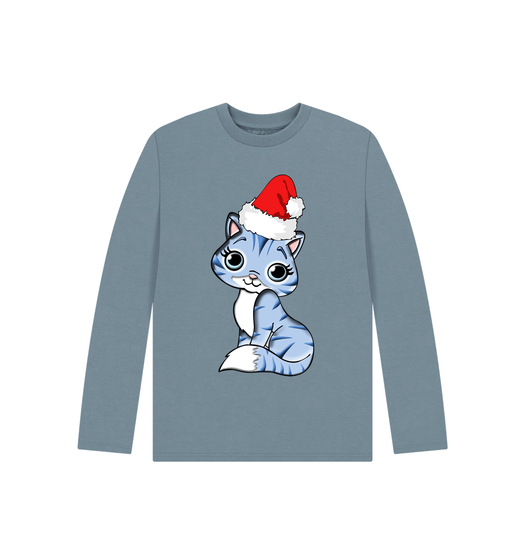 Stone Blue Cute Christmas Cat Long Sleeve Tee