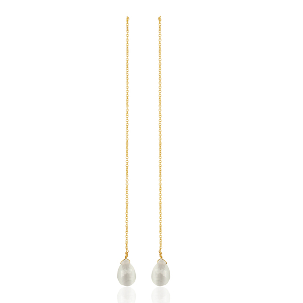 White Moonstone Gold Long Earrings