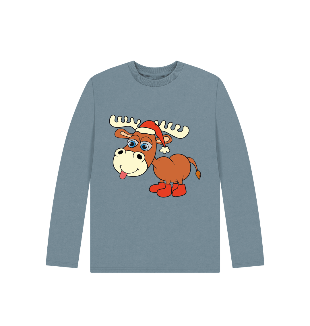 Stone Blue Cheeky Christmas Reindeer Long Sleeves Tee