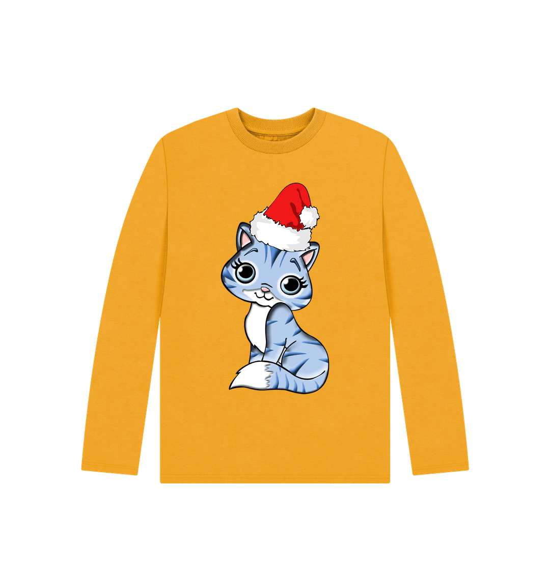 Mustard Cute Christmas Cat Long Sleeve Tee