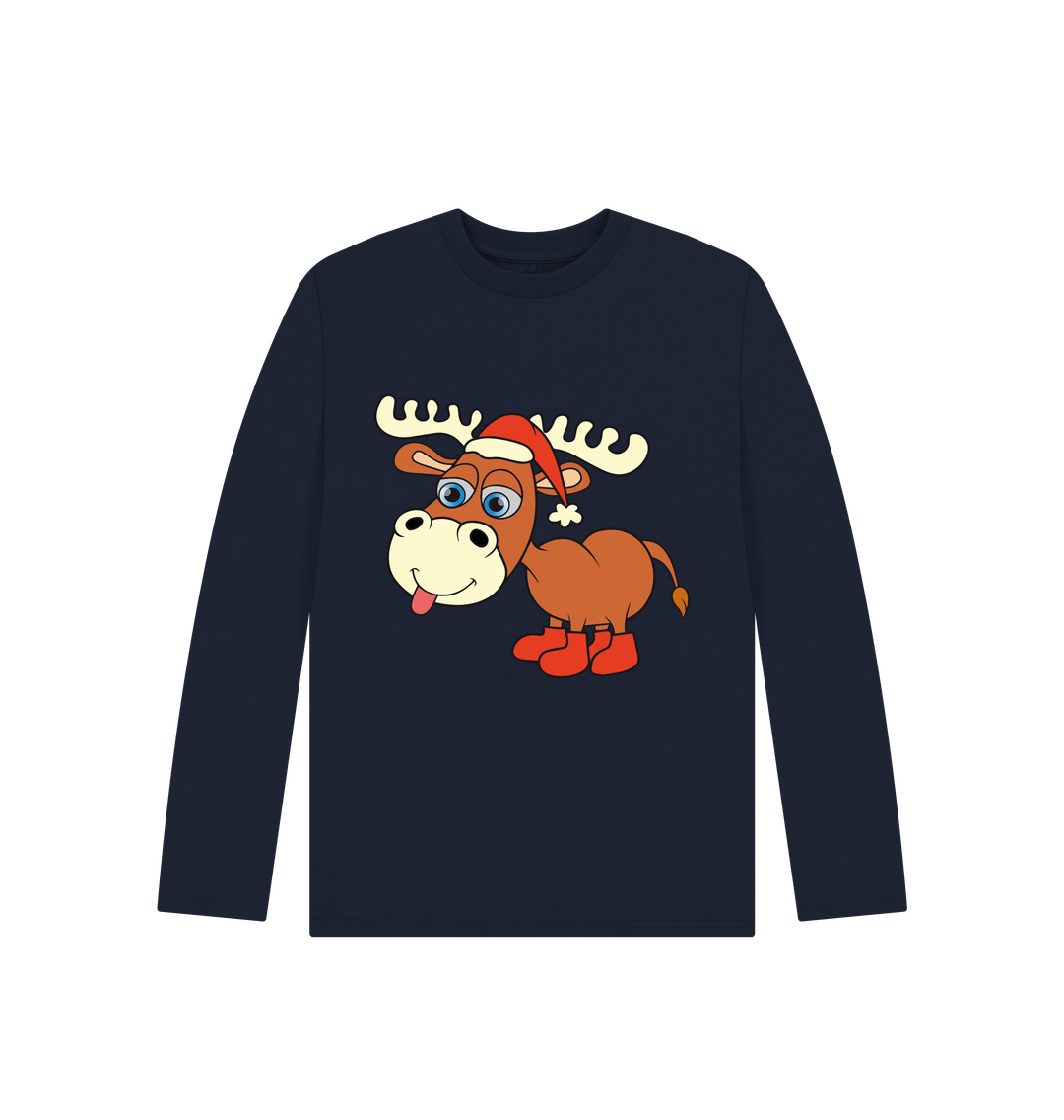 Navy Blue Cheeky Christmas Reindeer Long Sleeves Tee