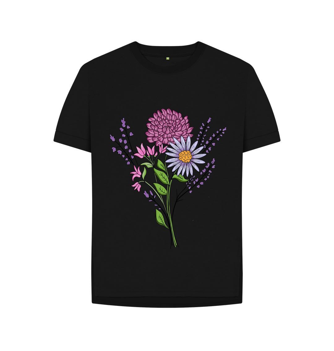 Black Beautiful Pink and Purple Flowers  Relaxed Tee