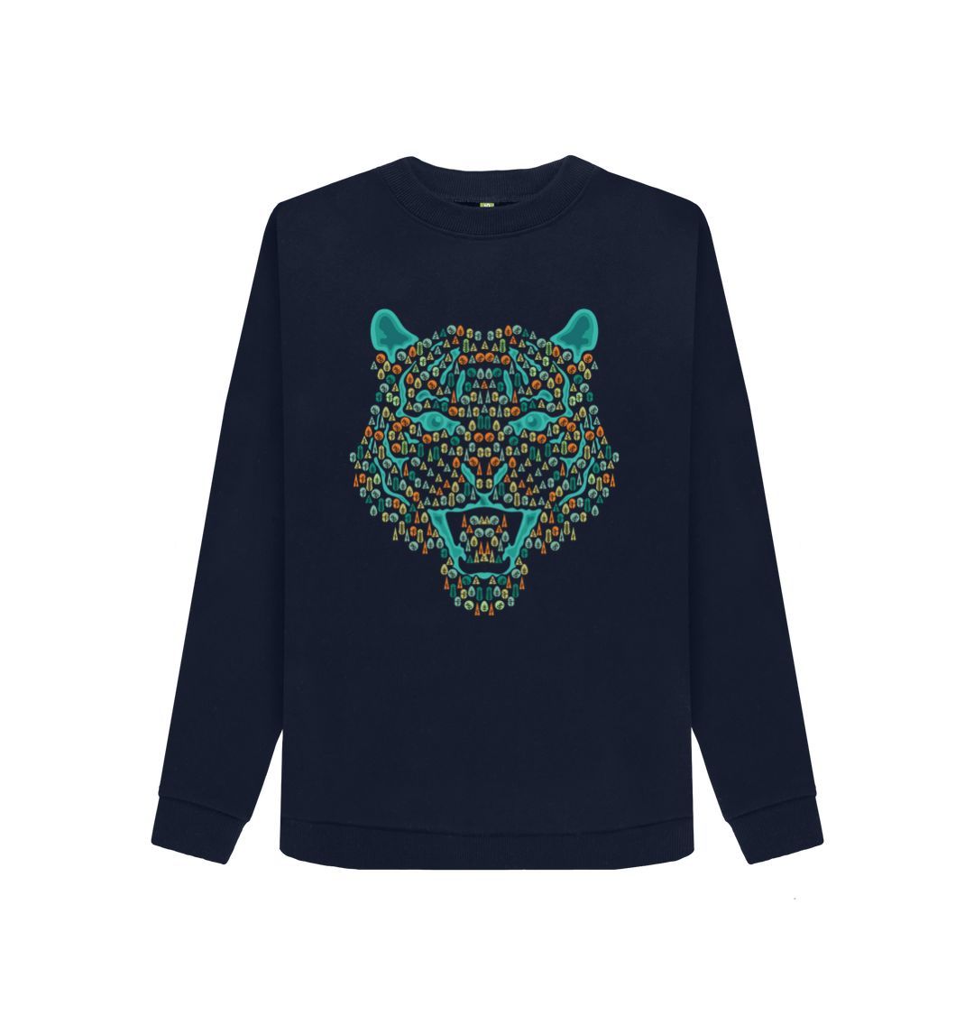 Navy Blue Wild Cat Tree Crew Neck Sweater