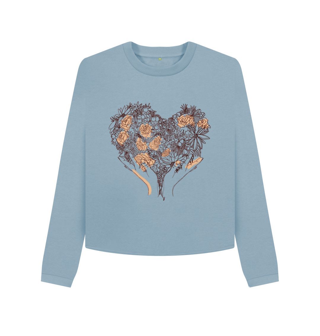 Stone Blue Heart With Roses Boxy Jumper