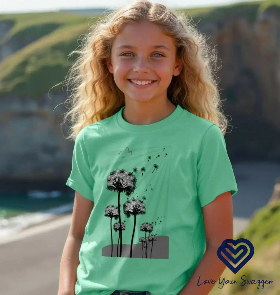 Kids wearing dandelion root t-shirt with nature-inspired design, perfect for children's wardrobe
