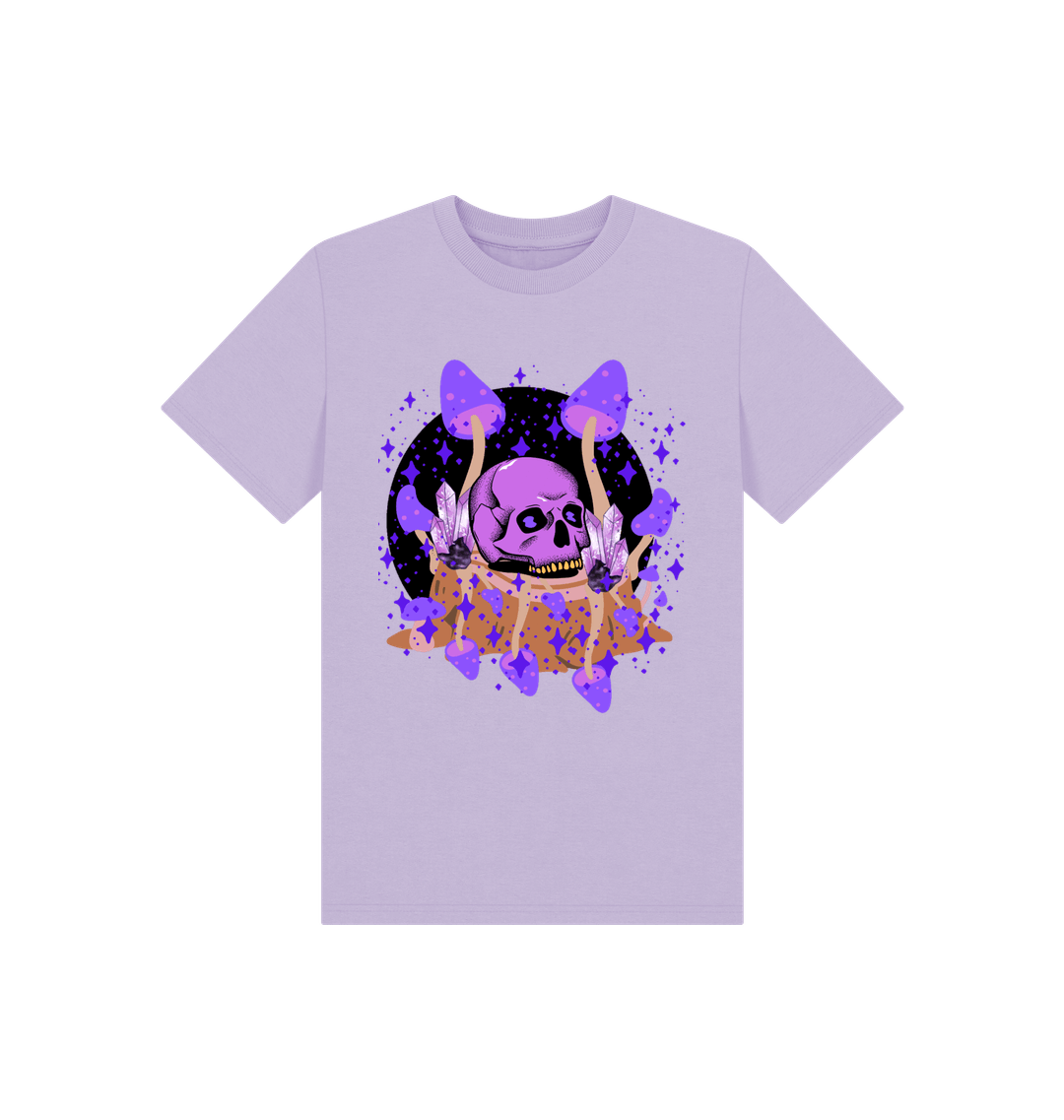 Organic cotton t-shirt featuring mushrooms and skulls design for a unique, eco-friendly fashion statement