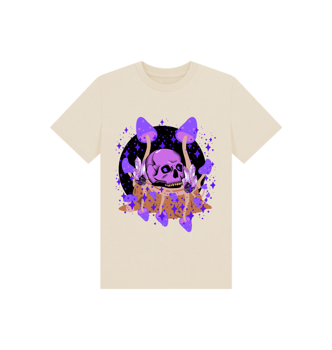 Organic cotton t-shirt featuring mushrooms and skulls design for a unique, eco-friendly fashion statement