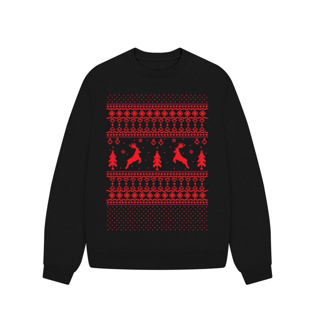 Black Reindeer Christmas Pattern Oversized Jumper