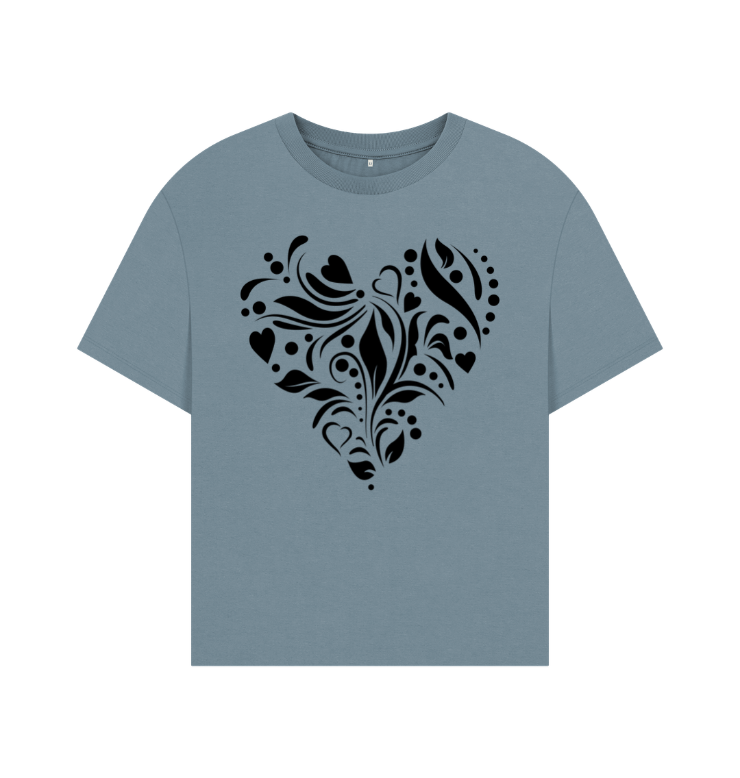 Stone Blue Heart Pattern Oversized Tee