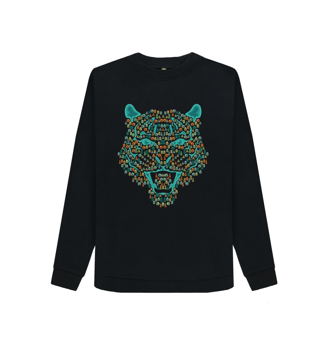 Black Wild Cat Tree Crew Neck Sweater