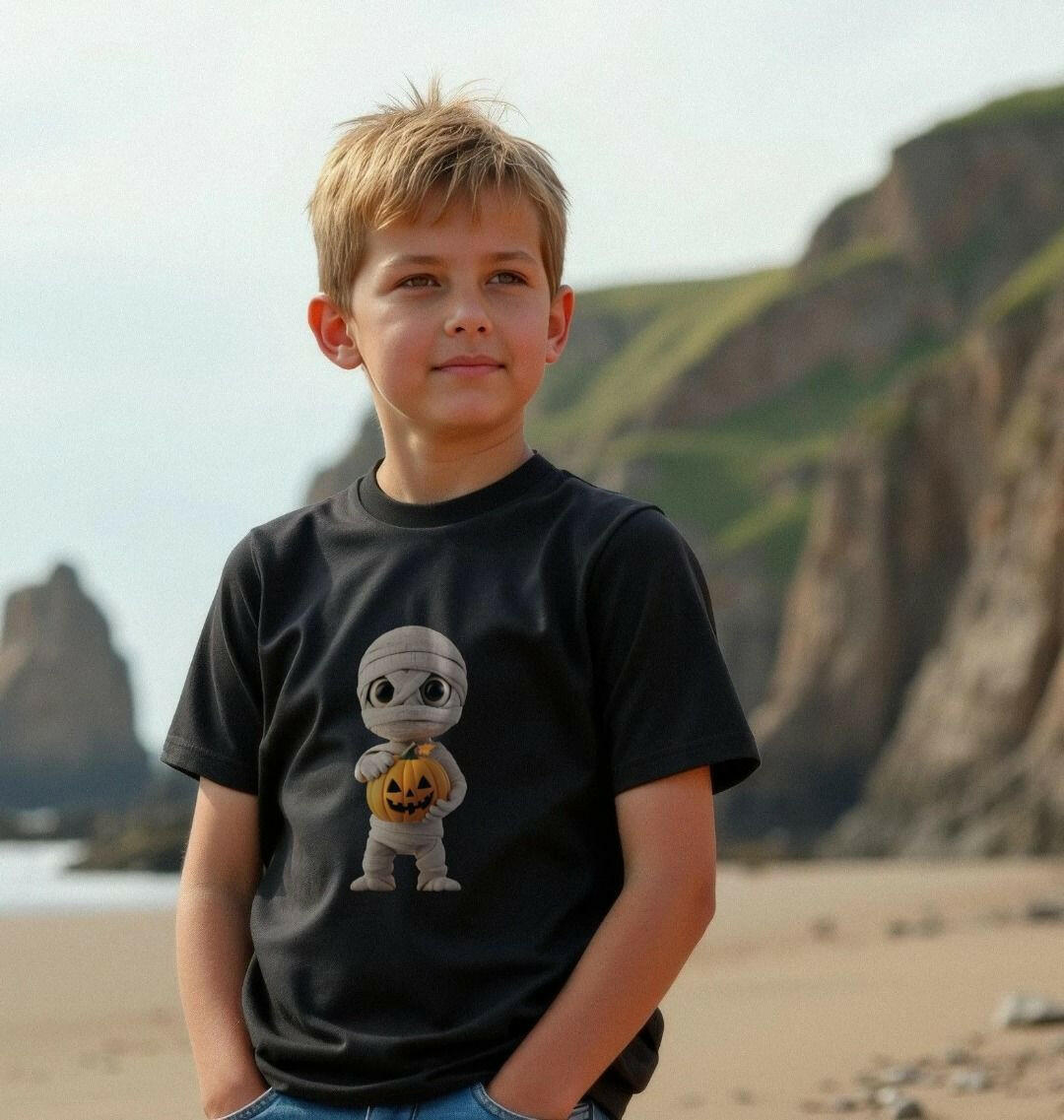 Mummy and pumpkin tee featuring stylish Halloween-themed design perfect for festive autumn celebrations