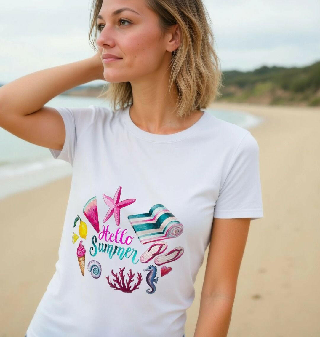 Hello Summer organic cotton t-shirt, eco-friendly casual wear ideal for warm weather