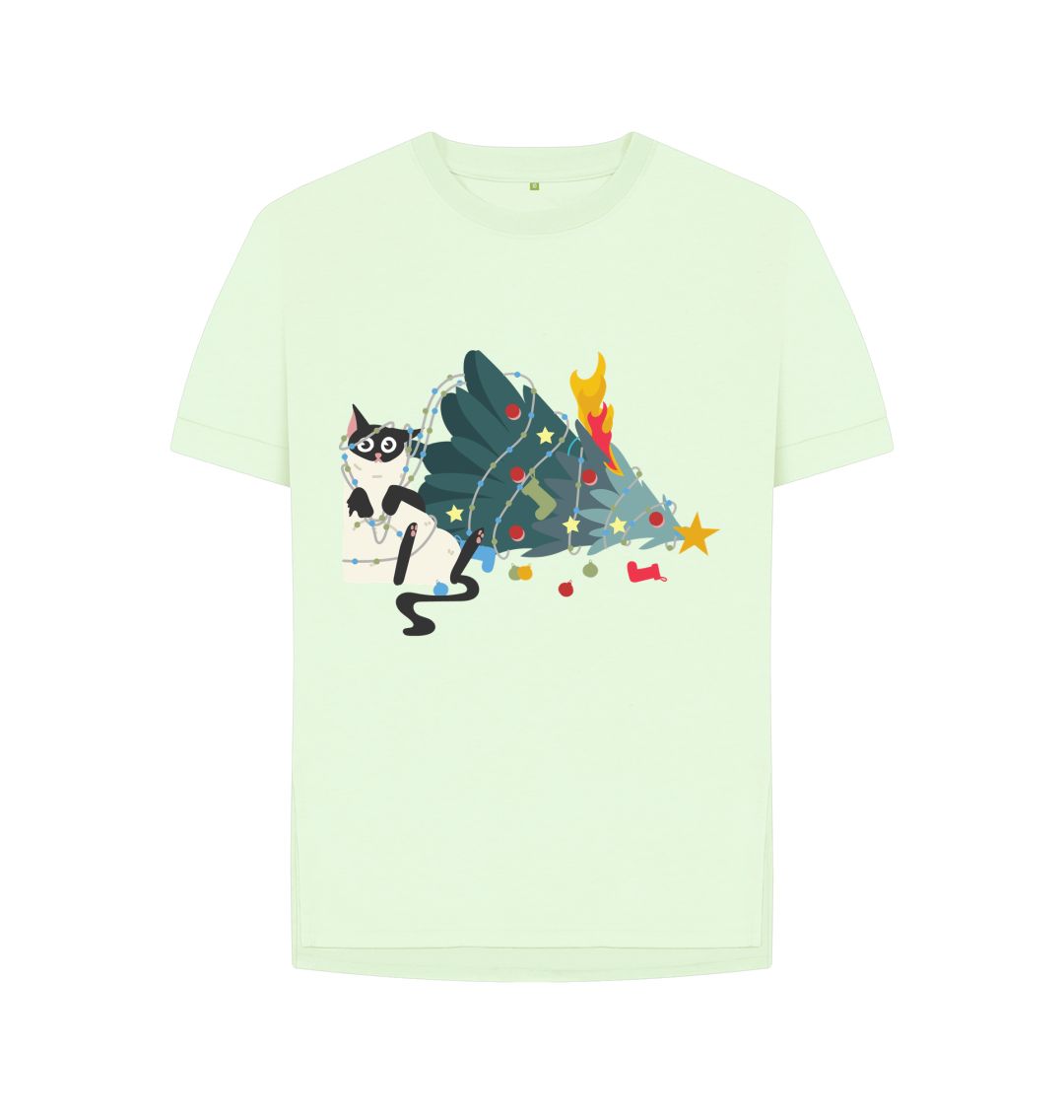 Pastel Green Cat And The Chrsitmas Tree Tee