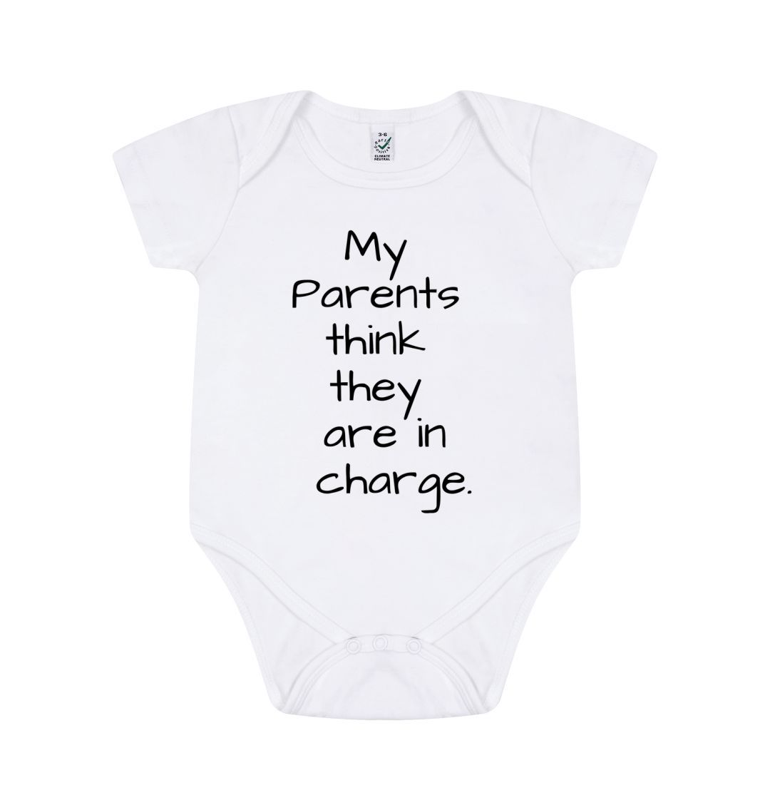 White Sort Sleeve In Charge Baby Grow