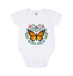 White Short Sleeve Butterfly and Flowers Baby Grow