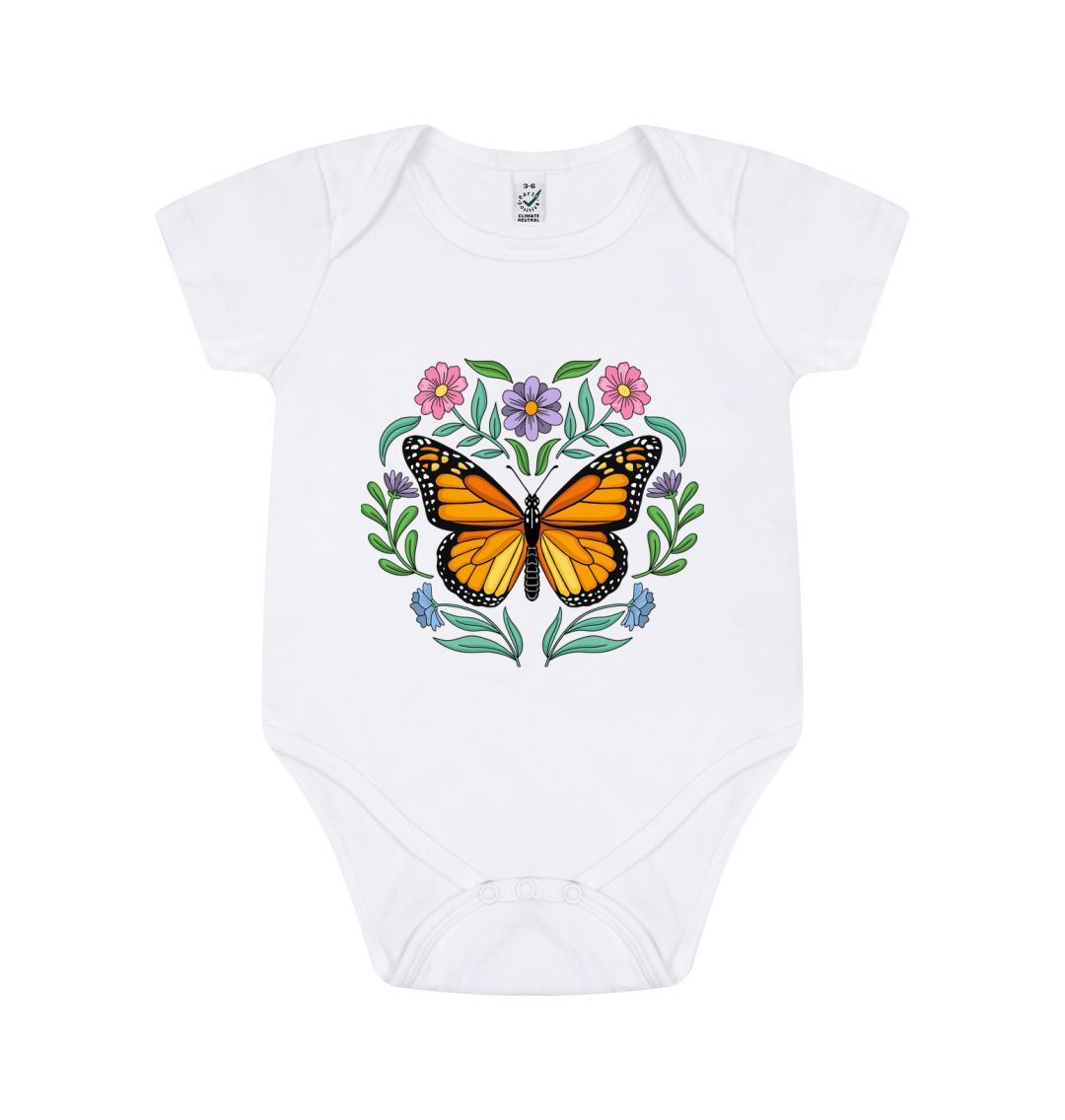 White Short Sleeve Butterfly and Flowers Baby Grow