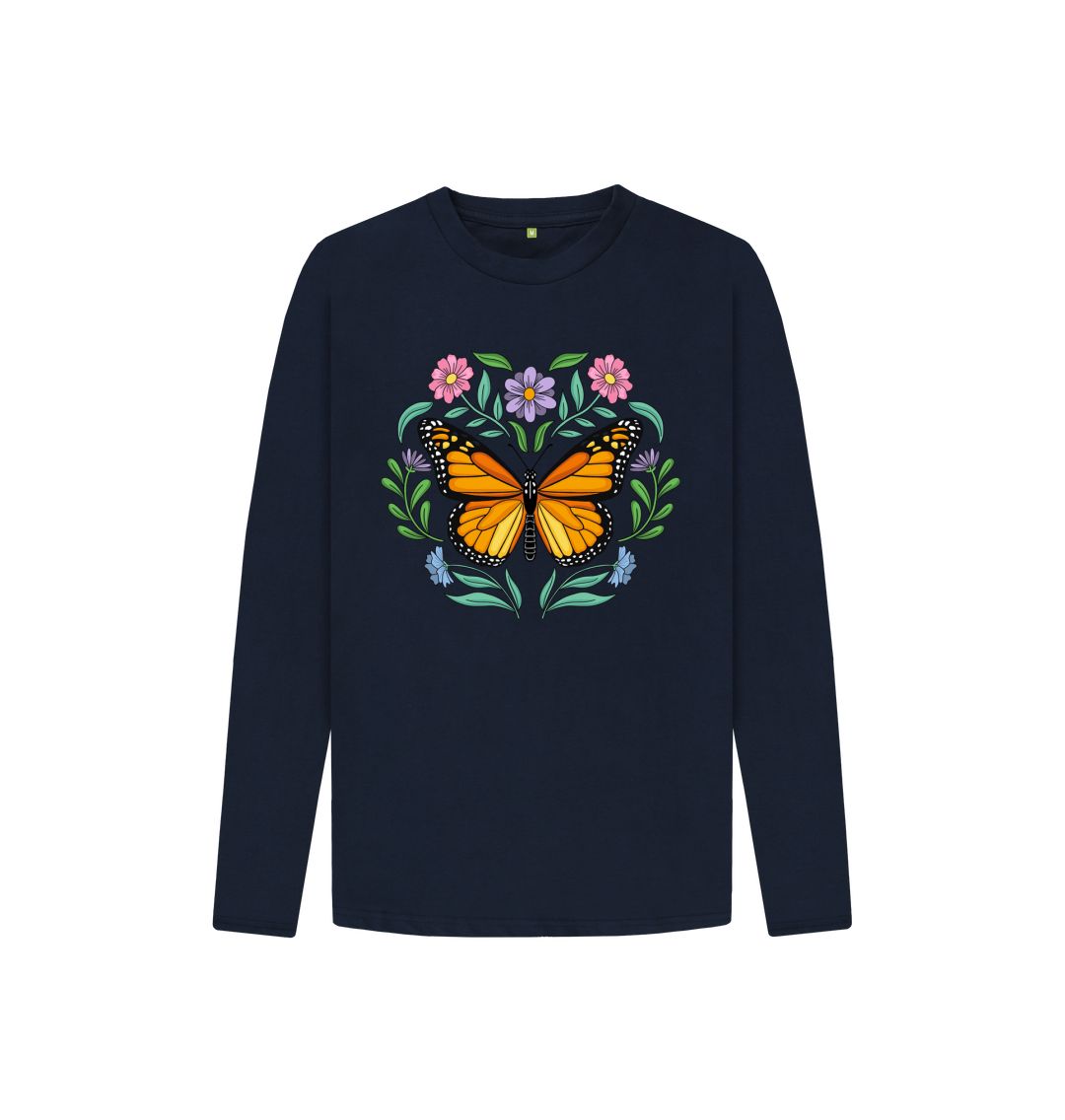 Navy Blue Flowers and Butterfly Long Sleeve Tee